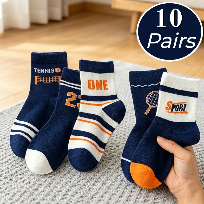 10 Pairs Boys Sports Crew Socks Soft Cotton Children Tennis Number Print Mid Calf Socks Breathable Kids School Daily Socks