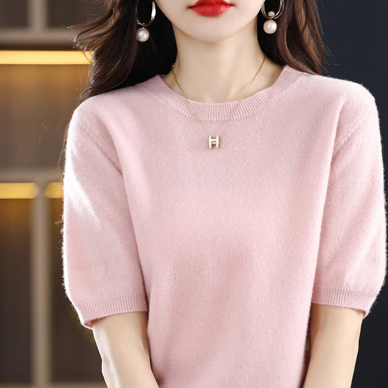 2025 New Spring Summer Women Sweater Short Sleeve O-Neck Pullover 100% Merino Wool Pure Color Knitted Jumper Female Clothing