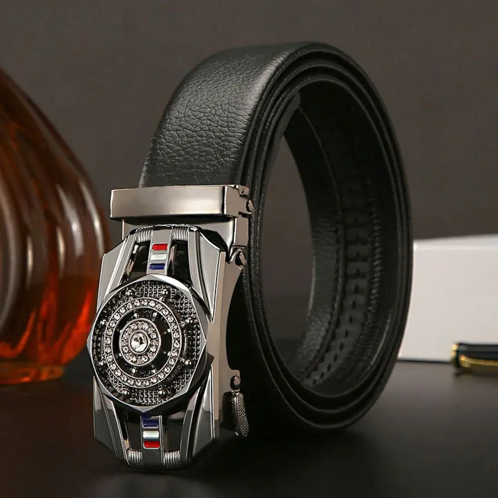 Men Business Time To Run Belt Man Automatic Buckle Leather Belt Golden Waist Buckle Males Luxury Belt Rhinestone Decoration