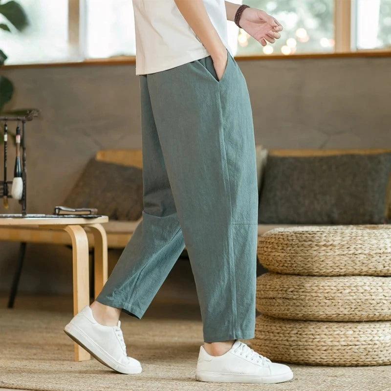 Men's Trousers Cotton Linen Fashion Casual Pants Solid Color Breathable Loose Shorts Straight Drawstring Pants Streetwear Men