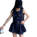Stylish Kids Fashion Denim Bodysuit Dress for Girls Vintage Dark Blue Jeans Skirt With Belt Child Trendy Streetwear Outfit 5-14Y