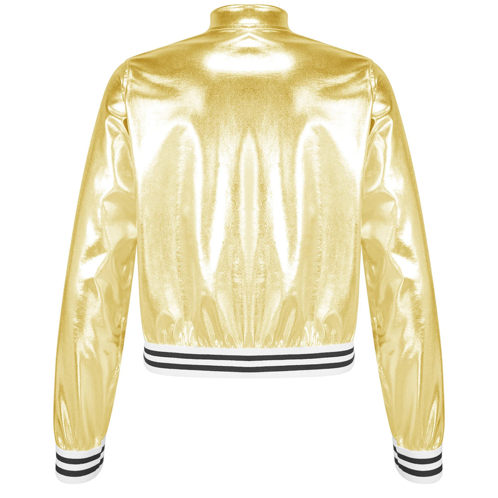 Kids Girls Boys Shiny Metallic Baseball Jacket Long Sleeve Casual Sports Bomber Jackets Jazz Hip-hop Street Dance Coats Outwear