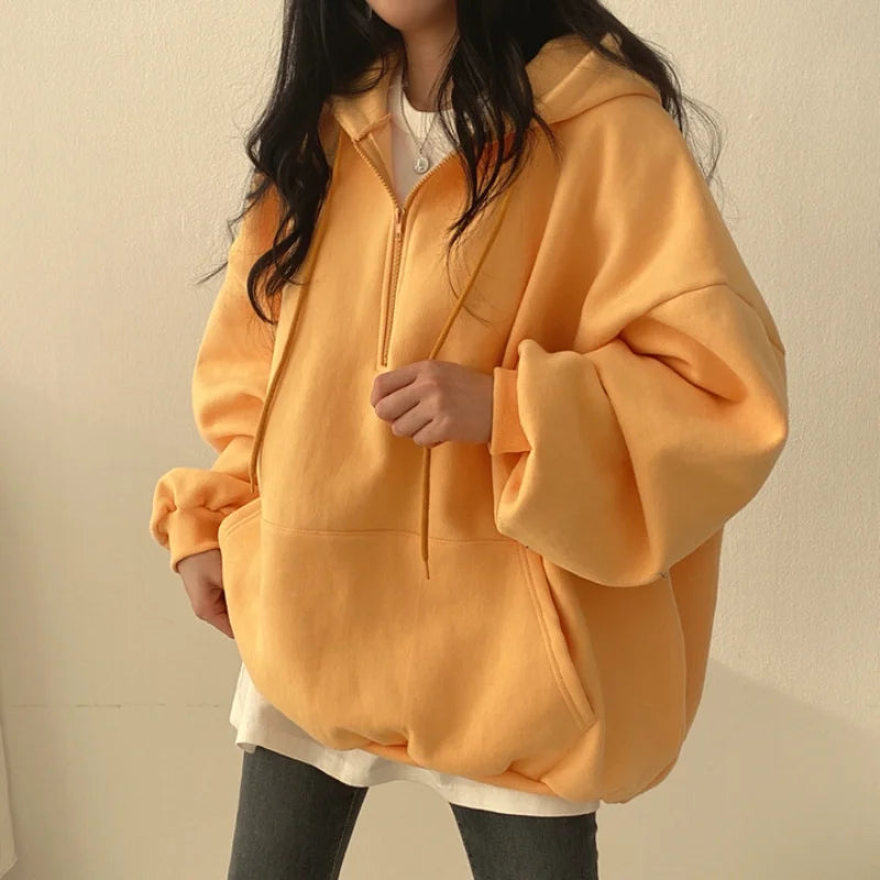 Women Hoodie Harajuku Loose Oversized Solid Color Top Half Zip Up Sweatshirt Female Casual Long Sleeve Pocket Hooded Coats 2025