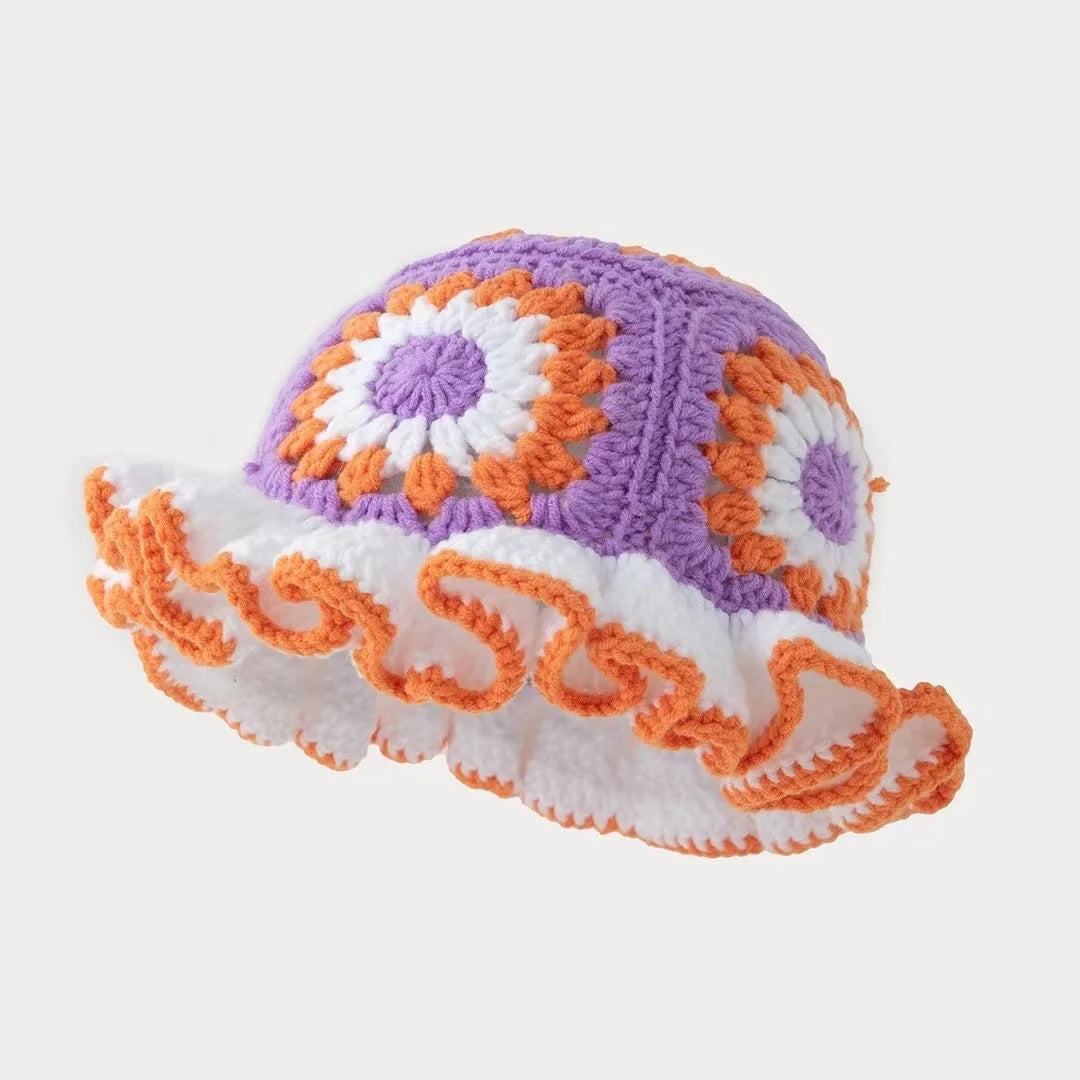 Men's and women's colorful hand crocheted knitted hats with wavy edges and floral patterns,woolen hats suitable for keeping warm