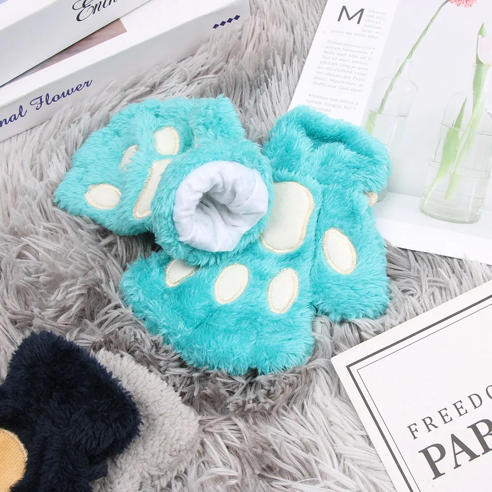Children Cat Gloves Fashion Boys Girls Cat Claw Paw  Mittens Warm Soft  Short Fingerless Half Finger Winter Gloves