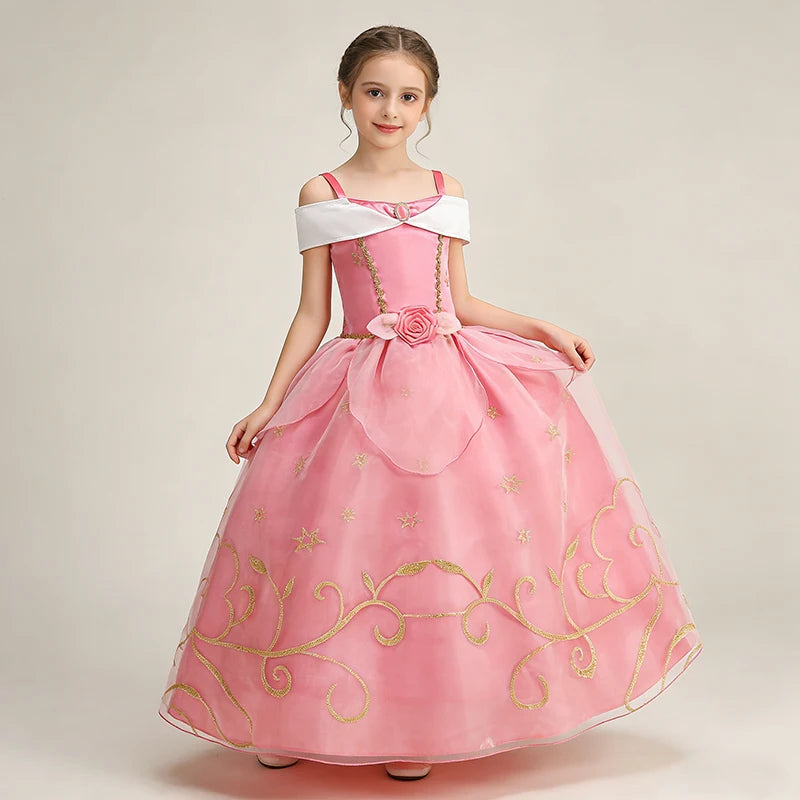 Kids Girls Fairytale Princess Fancy Dress Pink Embroidered Tulle Cosplay Outfit for Halloween Carnival Birthday Daily Wear
