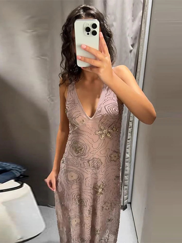 Bead Embroidery Sequin Ruffle Women Dress Sleeveless Backless Strap Sexy Evening Dresses 2025 Summer Party Holiday Street Robe