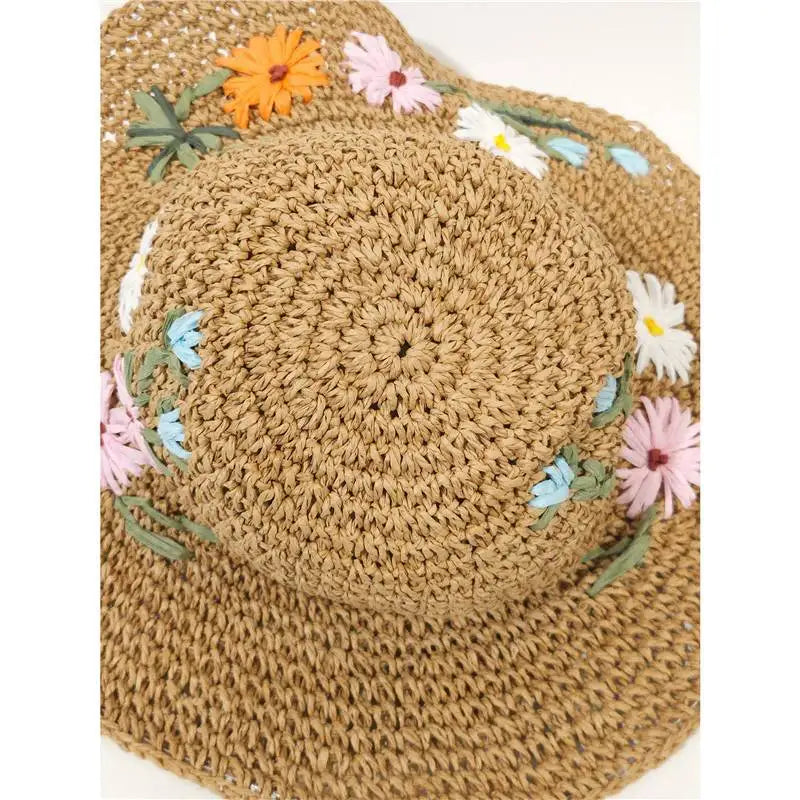 Colorful Flower Straw Hats for Women Boho Embroidered Flower Weave Hat Foldable Korean Hollow Out UV Protection Sun Cap Outdoor