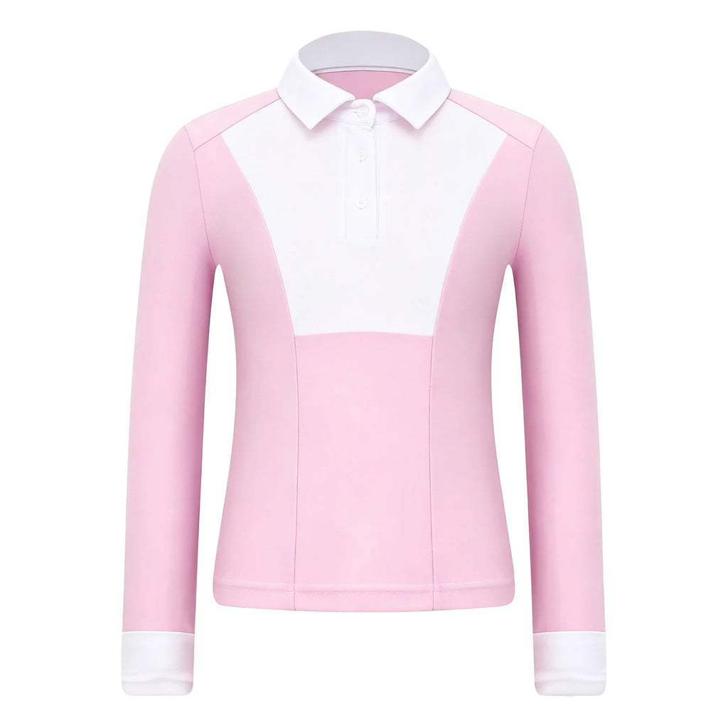 Kids Girls Horse Riding Sports Shirts Top Long Sleeve Buttons Contrast Color Shirt Equestrian Clothing Golf Workout Activewear