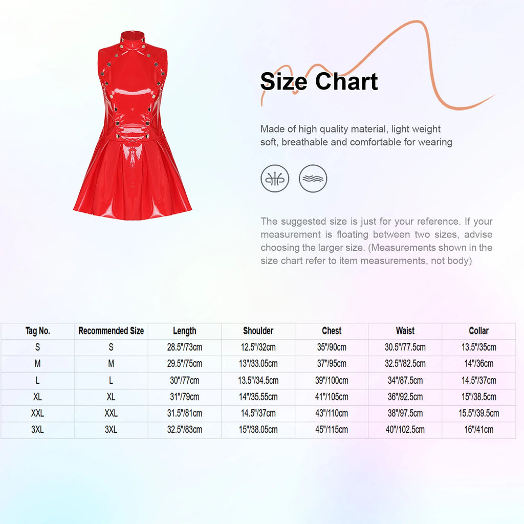 Women PU Leather Sleeveless Latex Dress Stand Collar Double Breasted Rivet Short Flared Skirt Gothic A-line Flare Dress Clubwear