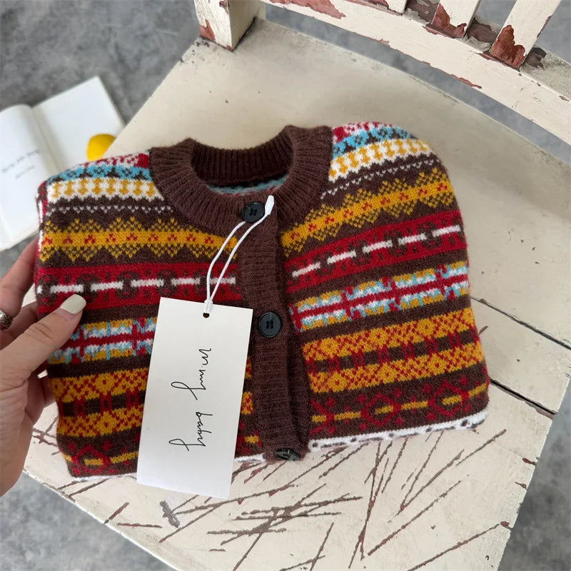 Children's Sweater 2026 Spring and Autumn Winter New Boys' and Girls' Color blocked Sweater Cardigan Baby Retro Knitted Coat