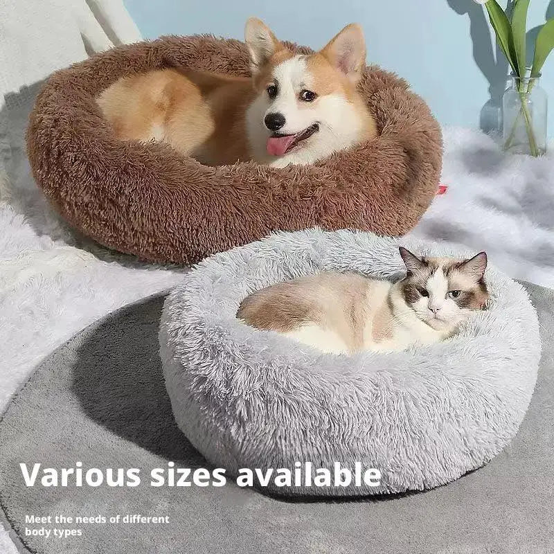 Soft Pet Cat Bed Pad Plush Warm Faux Fur Dog Calm Bed Donut Round Bed Comfortable Sleeping Washable for Small Medium Dog and Cat