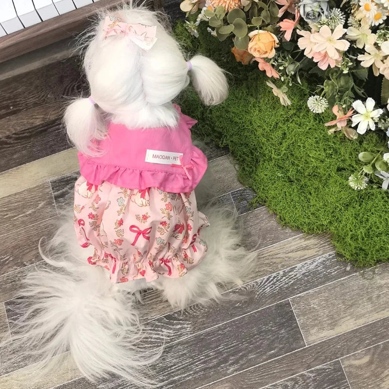 Lovely Puppy Dog Cats Clothing Fashion Floral Print Pink Cotton Princess Dress for Small Medium Dog Schnauzer Poodle Pet Clothes