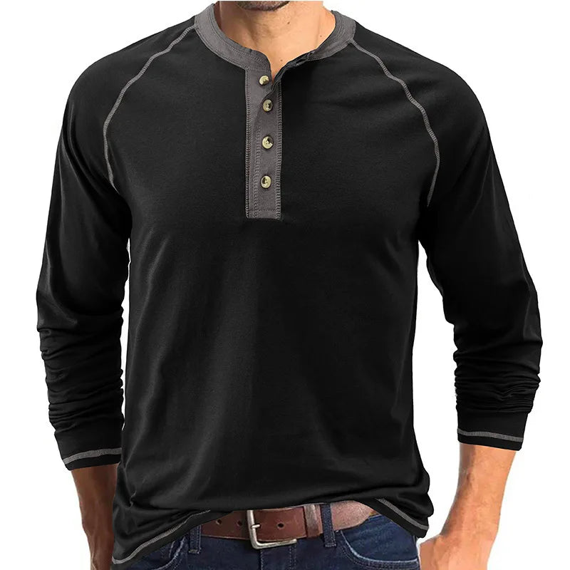 New Men's Long Sleeve Cotton T shirts Men Fashion Henry Collar T shirt Spring Autumn Patchwork Tops Tees Brand Men Clothing 2025