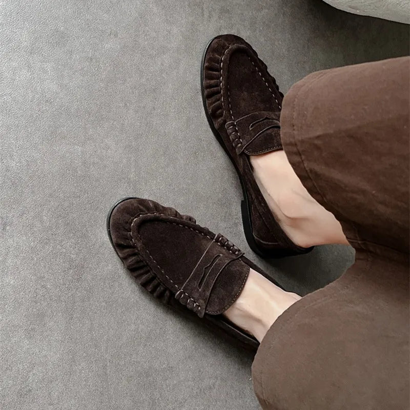 Lady Loafers 2026 Model Handcrafted Retro Pleated Single Shoes for Women, Women's Low-Heeled Leather Suede Shoes