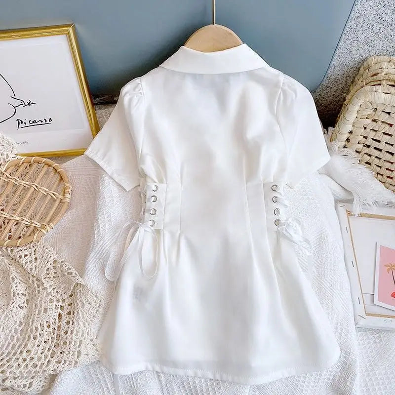Kids Girl Pink Suit Dress 2025 New Arrival Children Summer Slim Fit Shirt Dresses Princess White Thin Chiffon Dress Korean Style