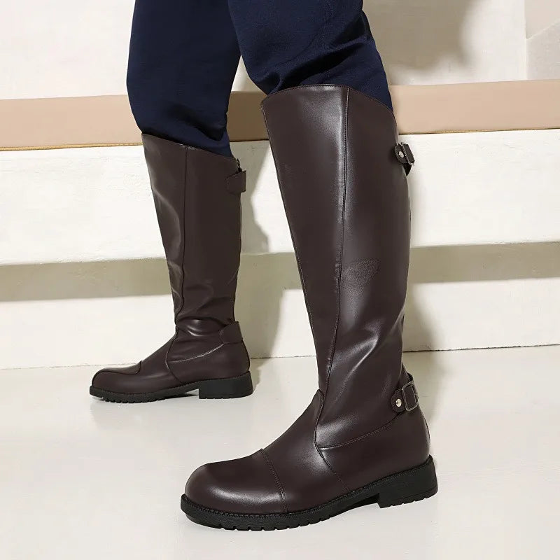 Men Knee High Boots Belt Buckle Long Boots Round Toe Thick Heel Mid-Calf Boots Fashion Motorcycle Boot Zipper Leather Men Shoes