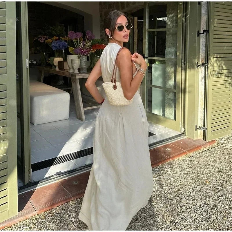 MUJER 2025 Draped Long Dresses for Women Zip Sleeveless Maxi Dress Woman Summer Holiday Womens Dresses Ruched Party Female Dress