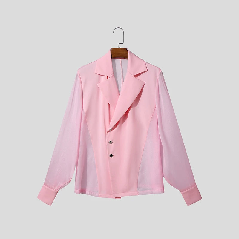 INCERUN Men Blazer Mesh Patchwork Lapel Long Sleeve See Through Male Suit Streetwear Sexy Button 2026 Fashion Casual Thin Coats