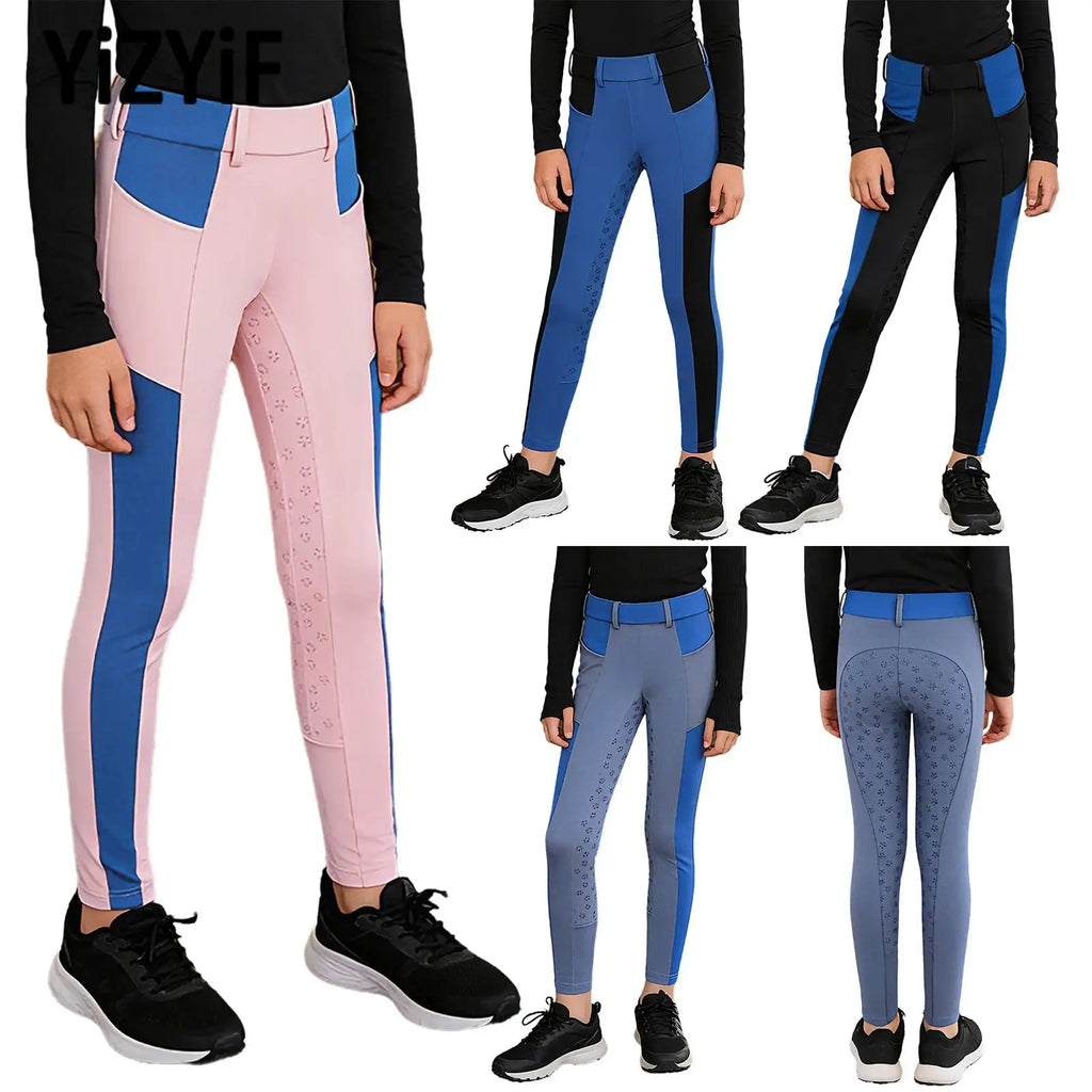 Kids Boys Girls Horse Riding Sports Pants Anti-skid Full Seat Color Block Equestrian Leggings for Gym Cycling Casual Daily Wear