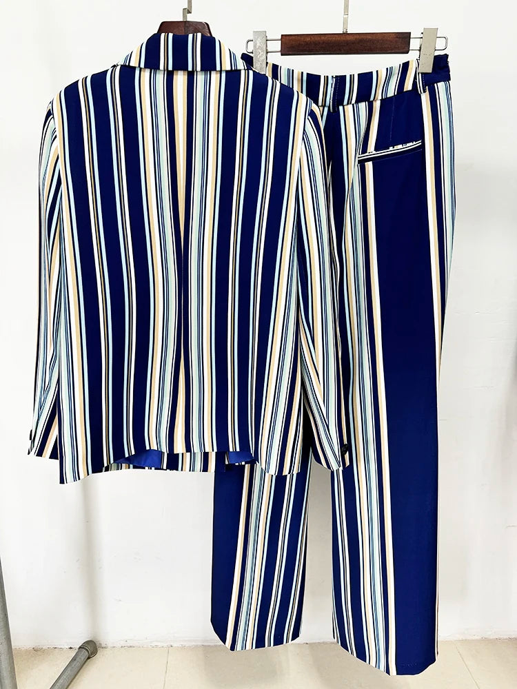 HIGH STREET Newest Fashion 2026 Designer Runway Suit Set Women's Colorful Striped Blazer Jacket Flare Pants Set 2pcs