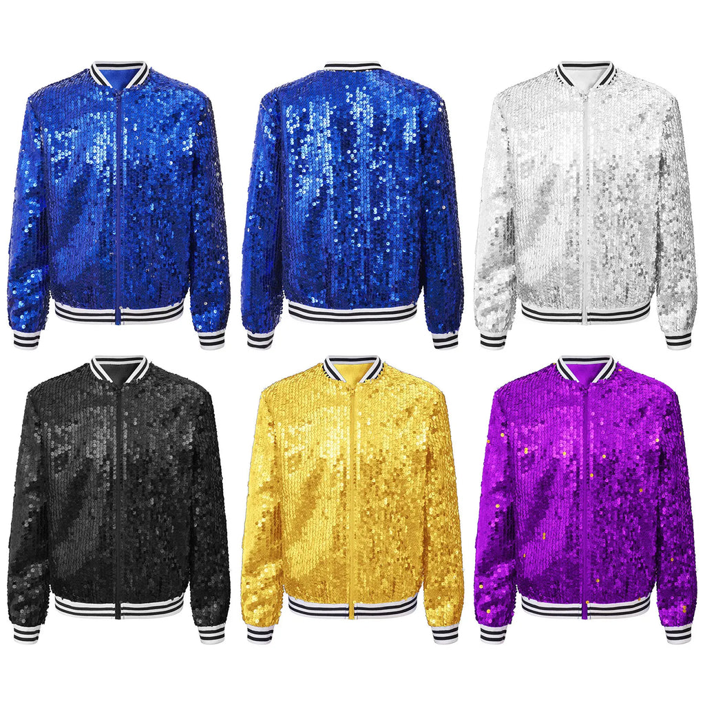 Kids Girls Hip Hop Jazz Dance Coat Long Sleeve Shiny Sequins Baseball Jackets Bomber Outerwear Rave Party Performance Costume
