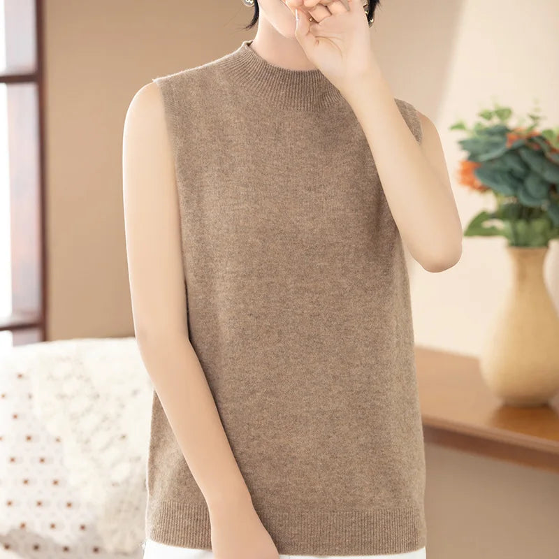 2025 New Spring and Summer 100% Merino Wool Sleeveless Mock Neck Pullover Women's Solid Color Sweater Women's Clothes