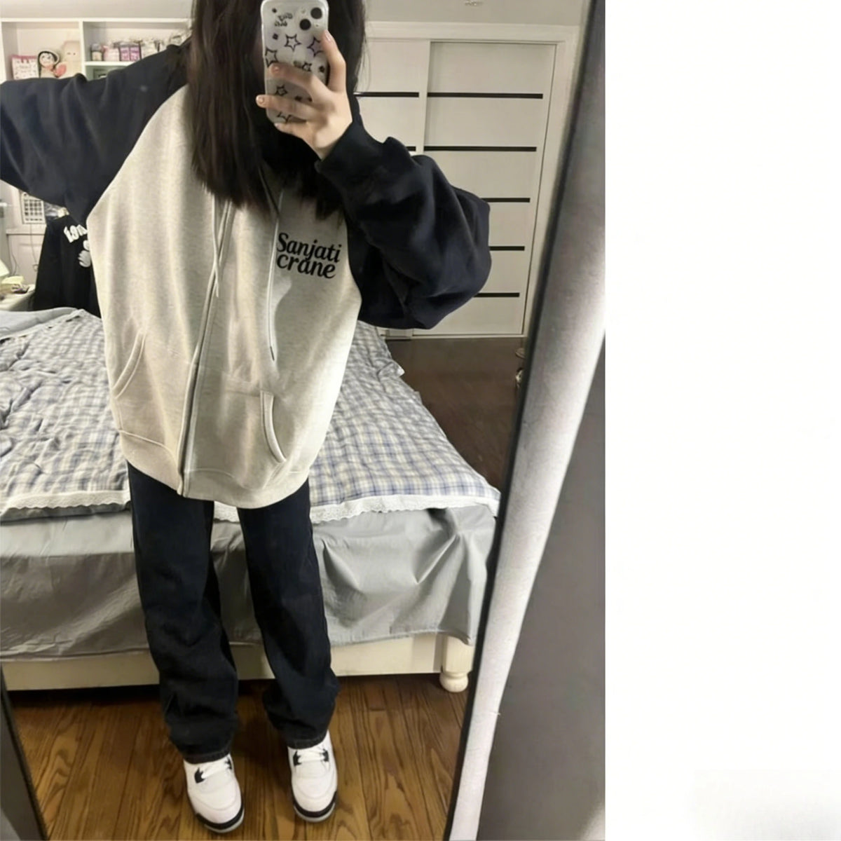 American Vintage Color-Block Hoodie for Women Loose-Fit Oversized Cardigan Hooded Jacket