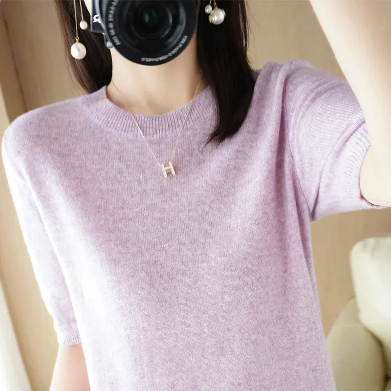 2025 Spring Summer Womens Sweater Short Sleeve O-neck Slim Fit Knitted Pullovers Bottoming Casual Knitwear Camel Pink Clothes