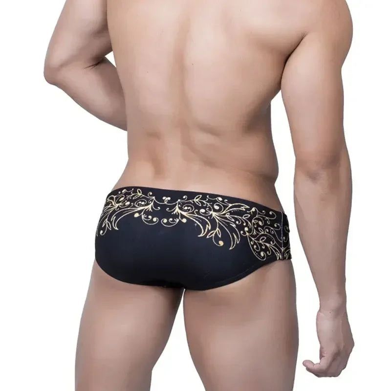 Black Swiwear Men Retro Gold Leaf Print Swim Briefs Mens Swimming Trunks Beach Shorts Surffing Short Male Bikini Swimsuits Man