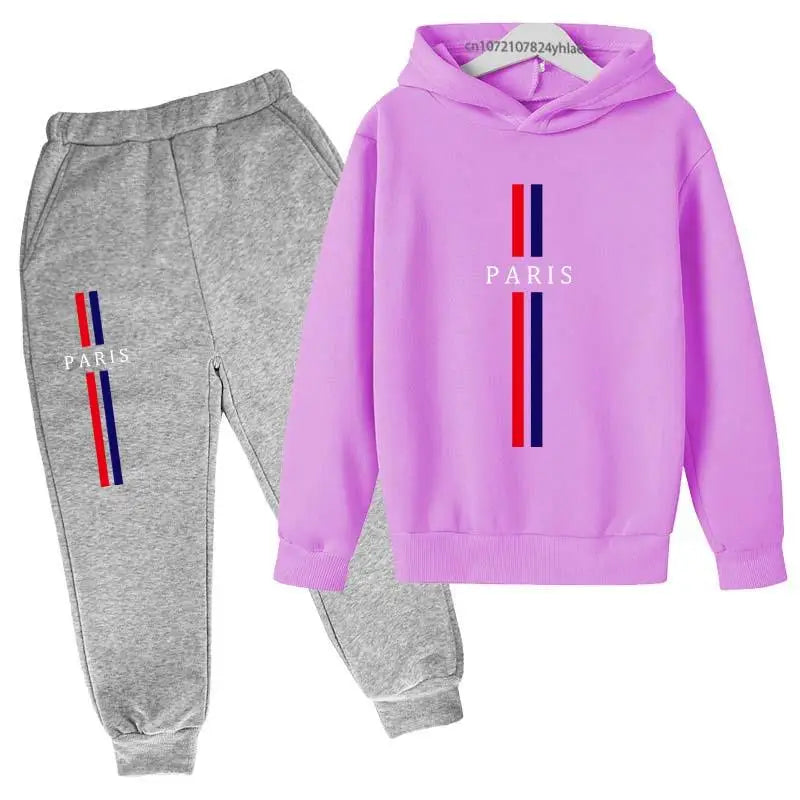 Kids Autumn Spring Casual Paris Print 2pcs Hoodie+Pants Tracksuits 2-13Years Boys Girls Fashion Streetwear Children Clothes Sets