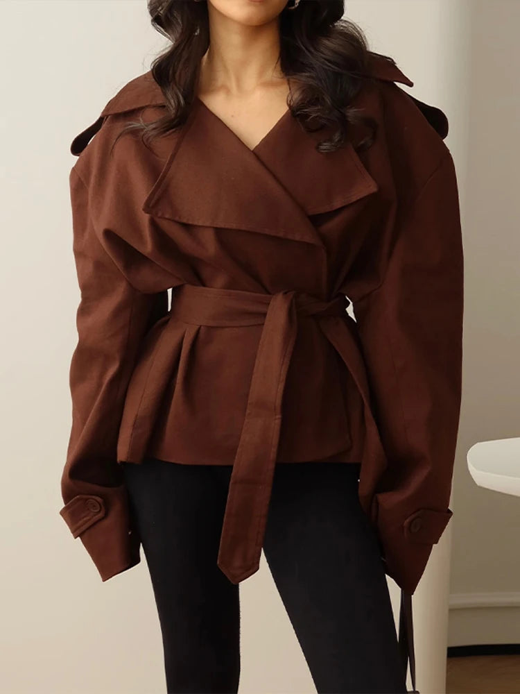 Elegant Lapel Lace Up Women's Windbreaker Solid Loose Full Sleeve Belt Double Breasted Coats Female 2026 Spring Female Jackets