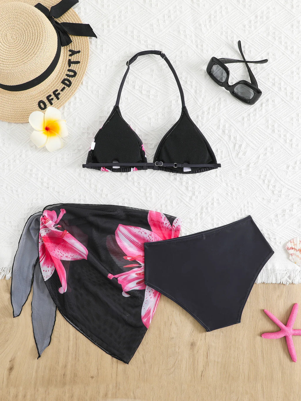 Girls Three Piece Bikini Swimsuit Set Floral Print Swimwear with Wrap Skirt for Older Kid and Teens Beach Bathing Suit Beachwear