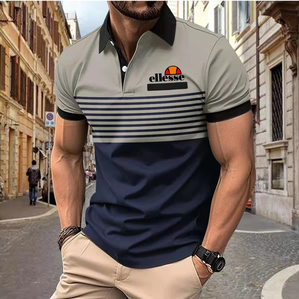 Premium Men's ellesse Polo Shirt: Skin-Friendly Material, Contrast Collar & Cuffs, Horizontal Stripes with Classic ellesse Logo