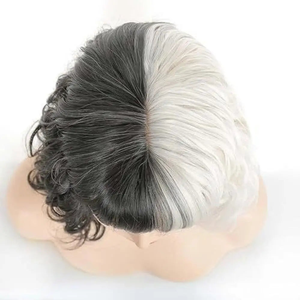 Women Wig Black and White Split Color Short Curly Hair Synthetic Half Black Half White Bob Wigs Halloween Cosplay Party Headwear