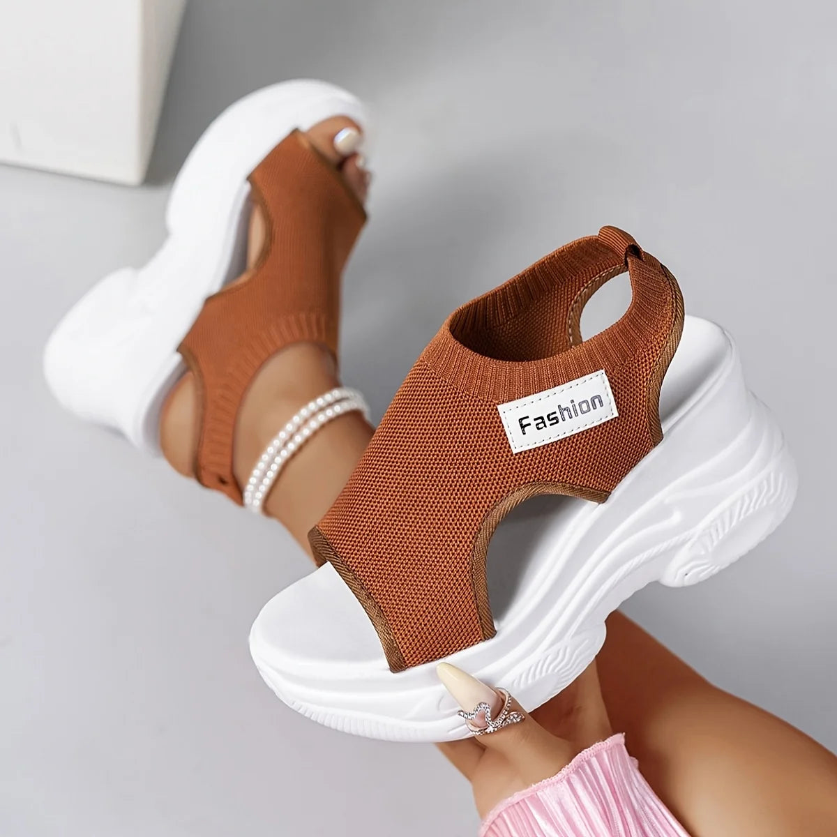 Women Fashion Platform Wedge Sandals Peep Toe Knit Mesh Breathable Lightweight Comfortable Sporty Walking Casual Outdoor Slides