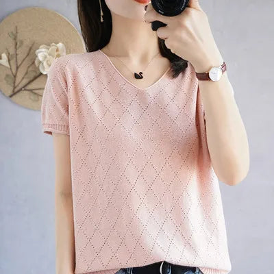 Summer new women's T-shirt 100% cotton casual pure color knitted sweater short-sleeved V-neck women's top loose fashion T-shirt