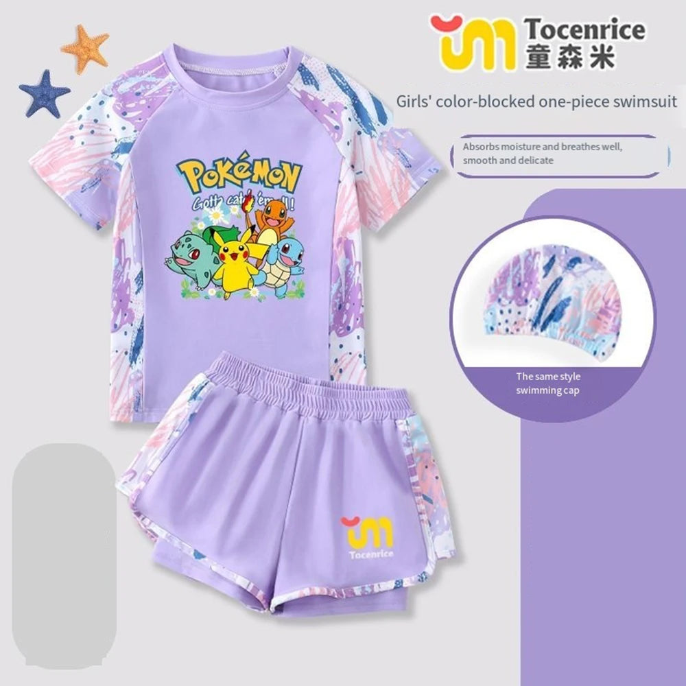 Pokemon Pikachu Girls 2 Piece Swimsuit Set Quick Dry Rash Guard Kids Cartoon Beach Bathing Suit Summer Children Swimwear Outfit