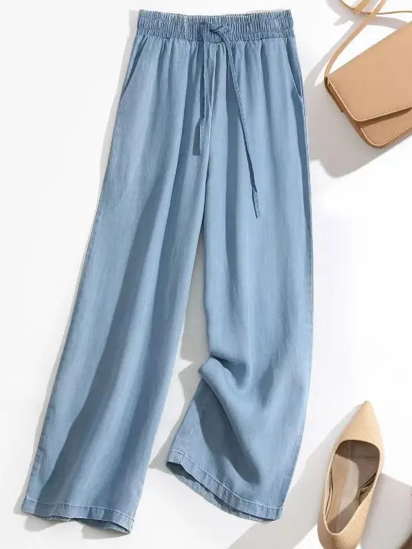 Summer High Waist  Ice Silk Elastic Straight Leg Jeans Loose Wide Leg Nine Pants Women's plus Size Loose Fit Trousers