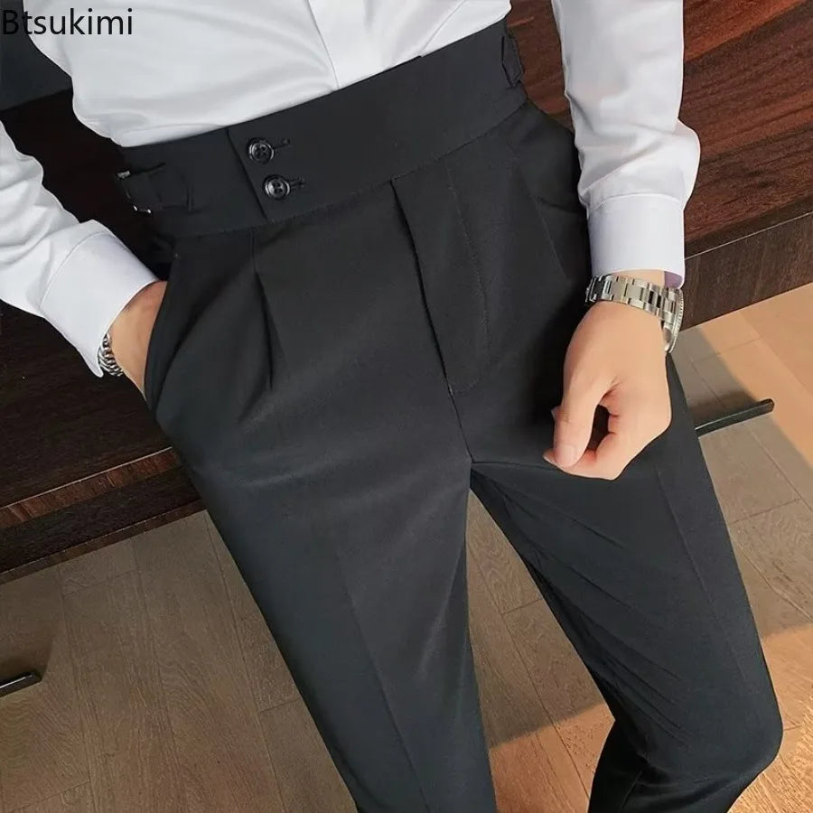 New 2026 Men's Solid Color Suit Trousers Classic Button Single Pleat Slims Pants for Men Silhouette Business Casual Pants Male