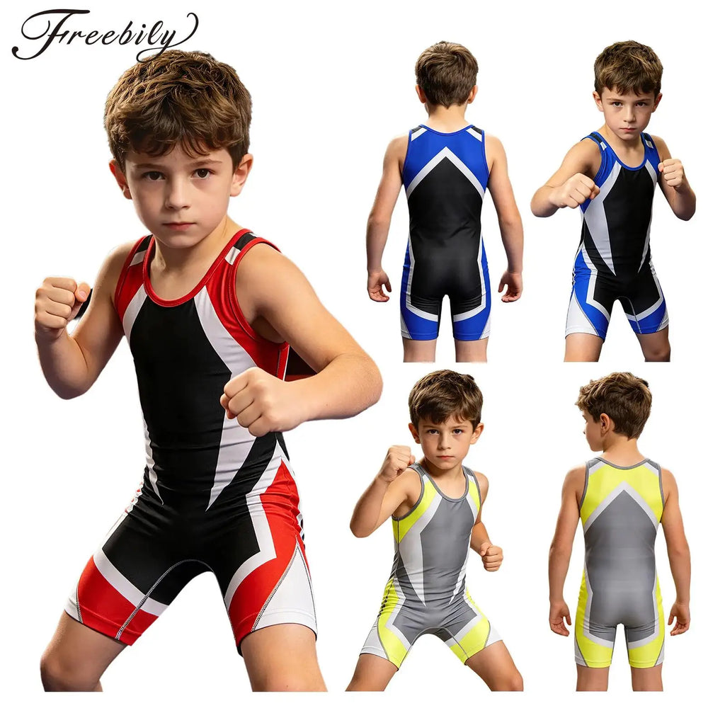 Kids Boys Wrestling Singlet Jumpsuit Sleeveless Color Block Bodysuit Sports Workout Gymnastics Leotard for Exercise Cycling
