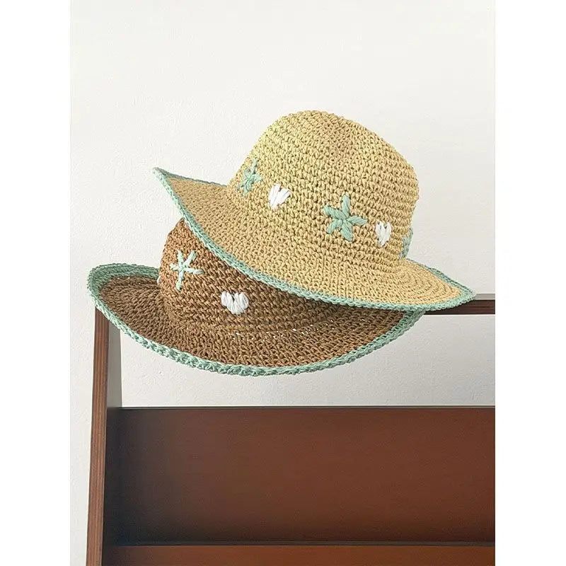 Colorful Flower Straw Hats for Women Boho Embroidered Flower Weave Hat Foldable Korean Hollow Out UV Protection Sun Cap Outdoor