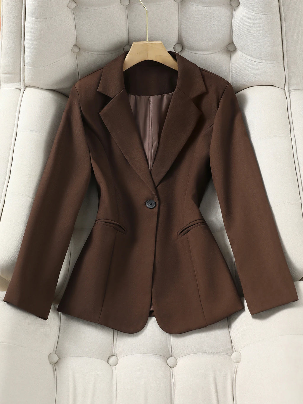 Elegant Brown Blazer for Women Single Button Slim Fit Business Commuter Suit Jacket Korean Fashion OL Style New Spring/Autumn