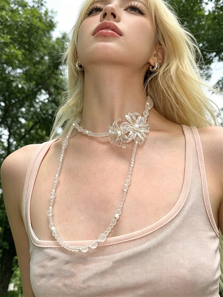 Jewelry Accessories for Women, Transparent Acrylic Beaded Layered Necklace, Elegant Floral Pendant Long Tassel Chain, Bohemian S