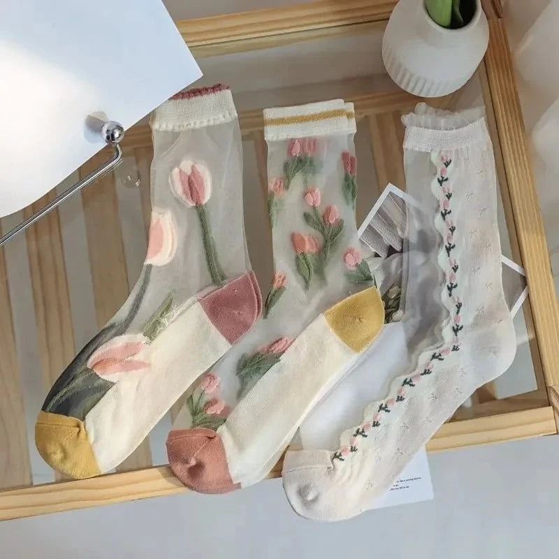 Fashion Sock for Women Summer   Breathable Trendy Casual Women's Socks Cute Fashion Korean Style Transparent Lace Sweet