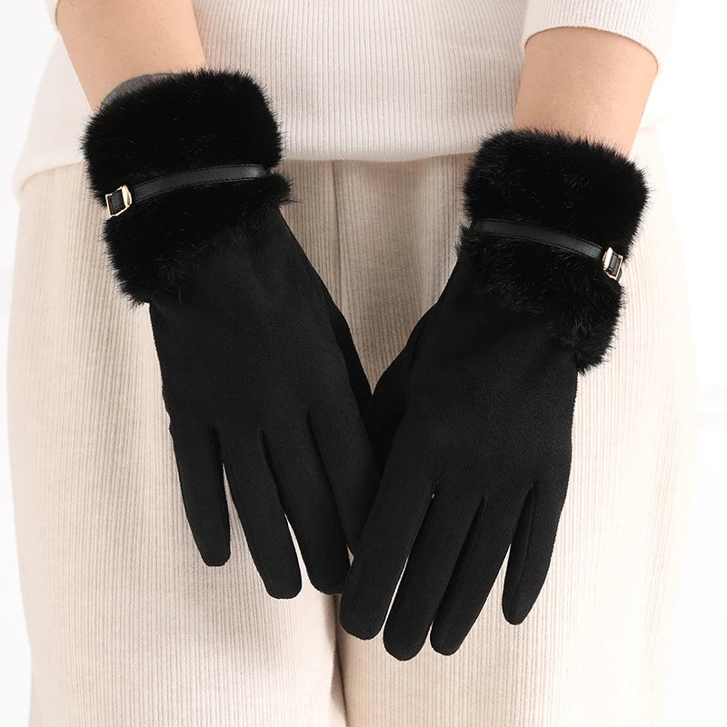 Women's winter gloves with plush lining, warm, windproof, cold-resistant, with plush decoration, touch-screen compatible, suitable for driving and cycling, 1 pair