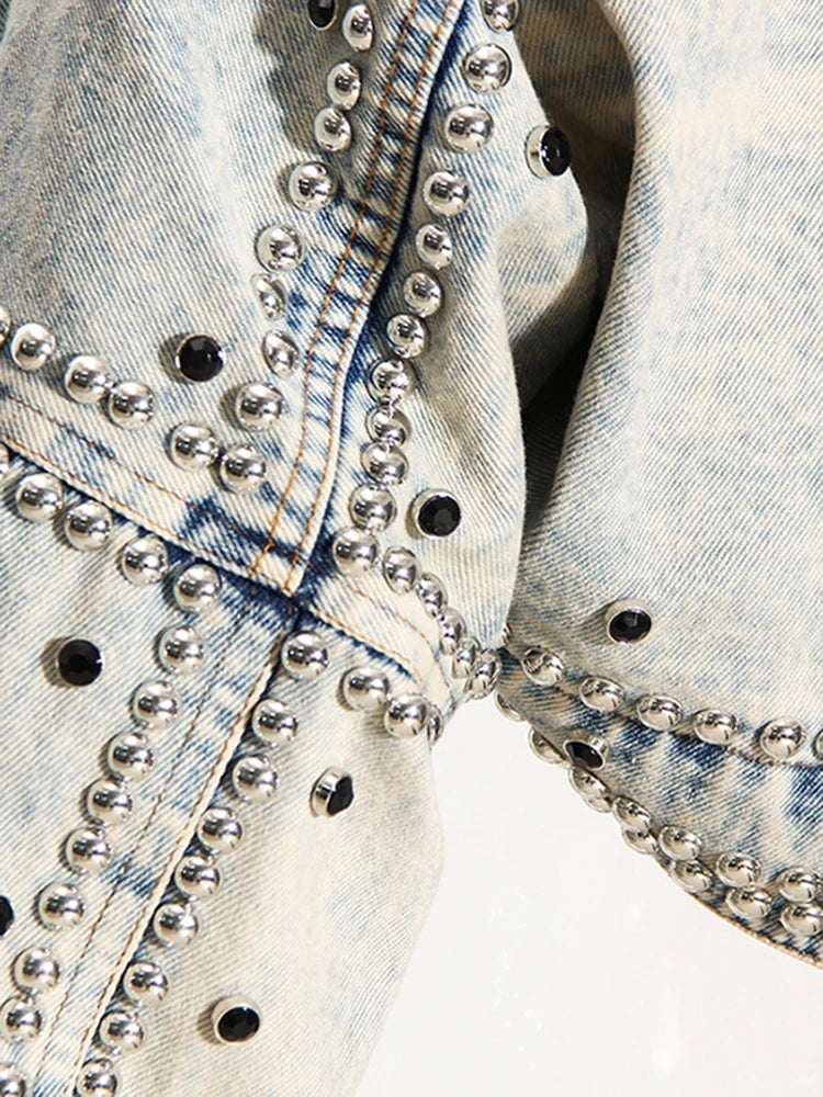 DEAT Casual Fashion Women's Denim Jackets New Solid Long Sleeve Turn-down Collar Patchwork Rivet Coat Female Summer 2024 17A1756