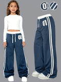 Kids Girls 01 Number Contrast Striped Drawstring Waist Wide Leg Sports Casual Pants