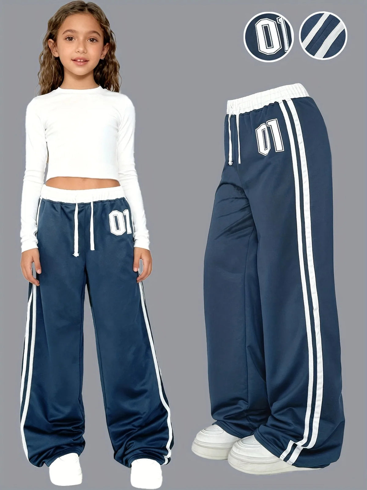 Kids Girls 01 Number Contrast Striped Drawstring Waist Wide Leg Sports Casual Pants