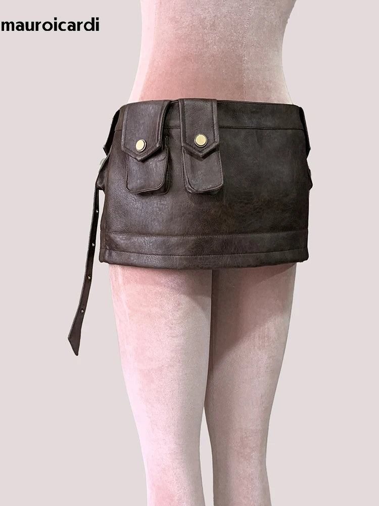 Spring Summer Brown Pu Leather Mini Skirt Women Three-dimensional Pockets Luxury Designer Vintage Emo Clothes Runway Fashion